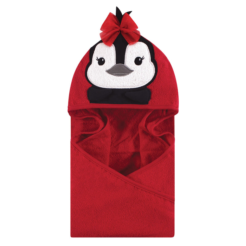 Hudson Baby Cotton Animal Face Hooded Towel, Red Penguin
