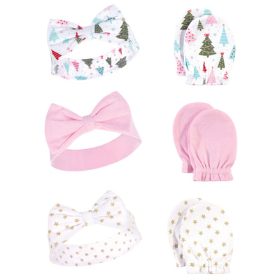 Hudson Baby Cotton Headband and Scratch Mitten Set, Sparkle Trees
