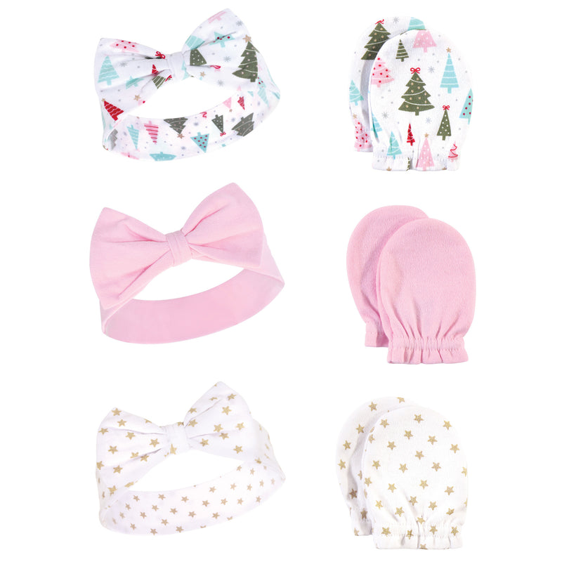 Hudson Baby Cotton Headband and Scratch Mitten Set, Sparkle Trees
