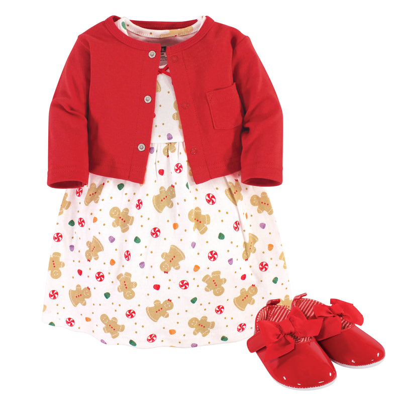 Hudson Baby Cotton Dress, Cardigan and Shoe Set, Sugar Spice