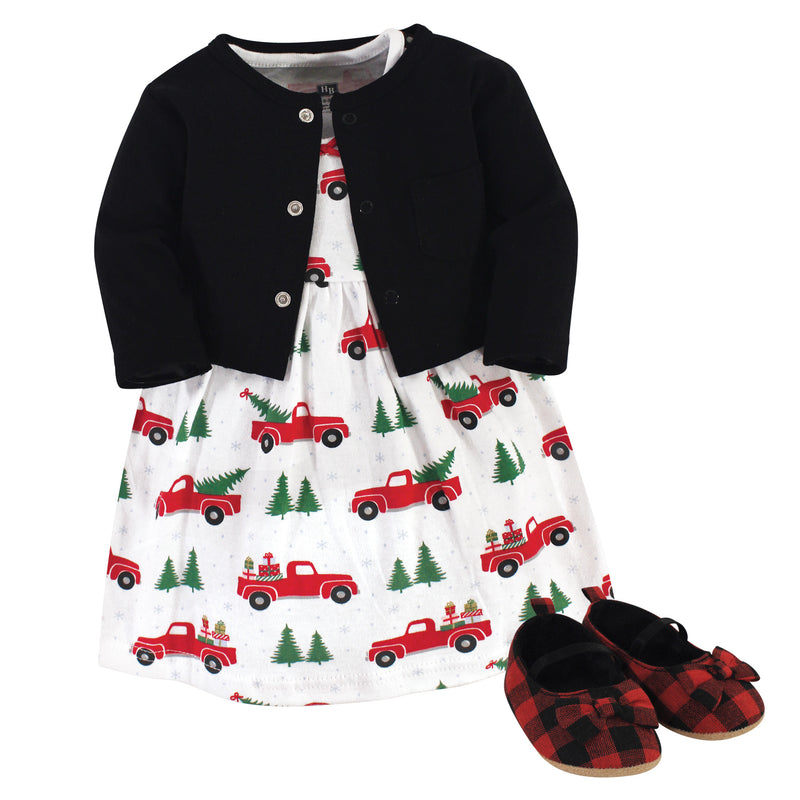 Hudson Baby Cotton Dress, Cardigan and Shoe Set, Christmas Tree