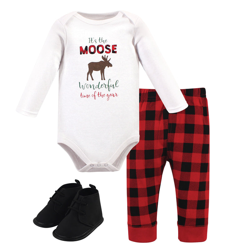 Hudson Baby Cotton Bodysuit, Pant and Shoe Set, Moose Wonderful Time