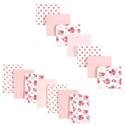 Hudson Baby Cotton Flannel Burp Cloths and Receiving Blankets, 14-Piece, Rose