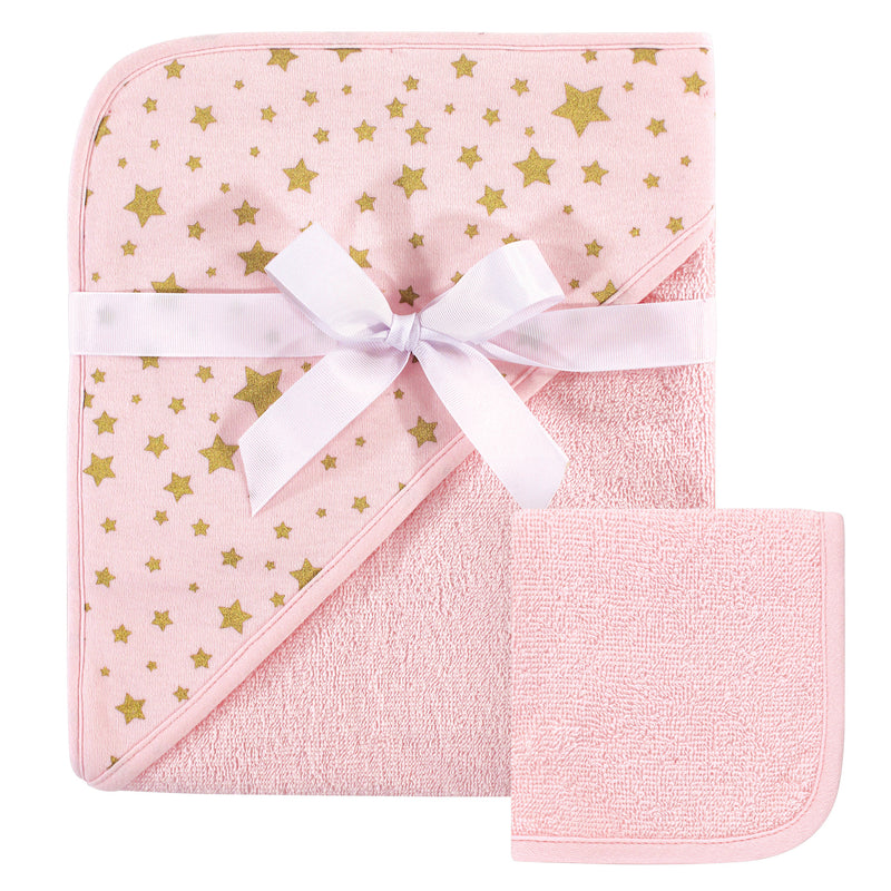 Hudson Baby Cotton Hooded Towel and Washcloth, Pink Gold Star