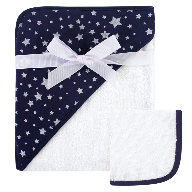 Hudson Baby Cotton Hooded Towel and Washcloth, Navy Silver Star
