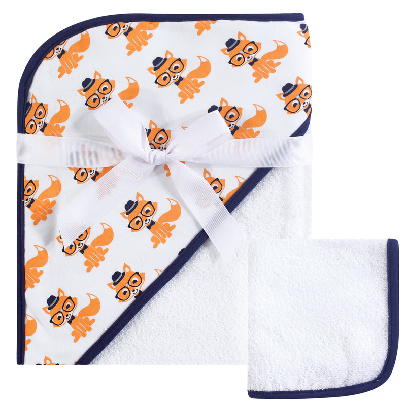 Hudson Baby Cotton Hooded Towel and Washcloth, Nerdy Fox