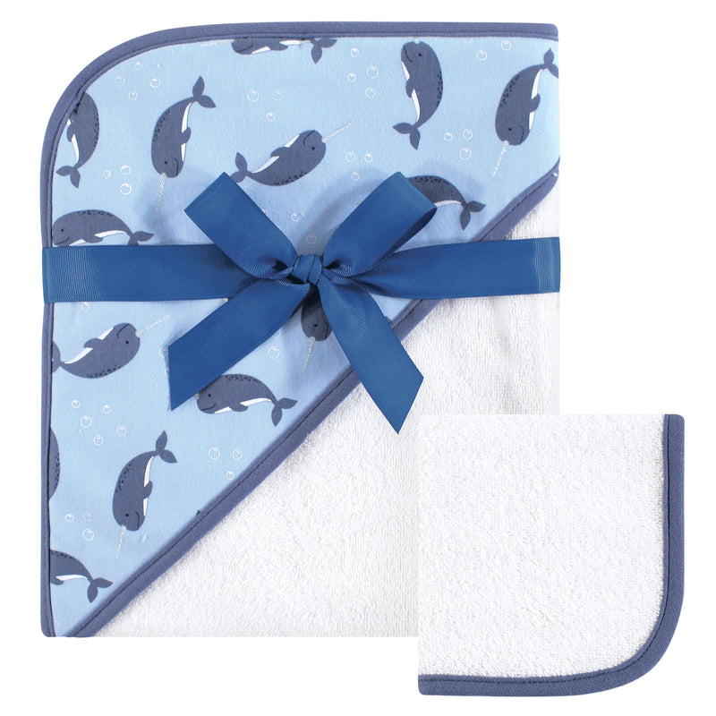 Hudson Baby Cotton Hooded Towel and Washcloth, Narwhal