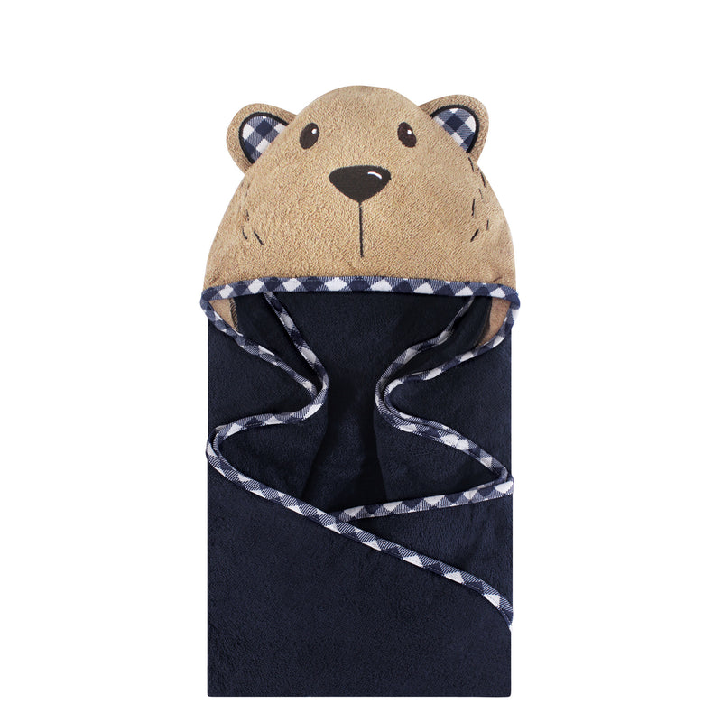 Hudson Baby Cotton Animal Face Hooded Towel, Plaid Bear