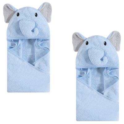 Hudson Baby Cotton Animal Face Hooded Towel, Light Blue Elephant 2-Piece