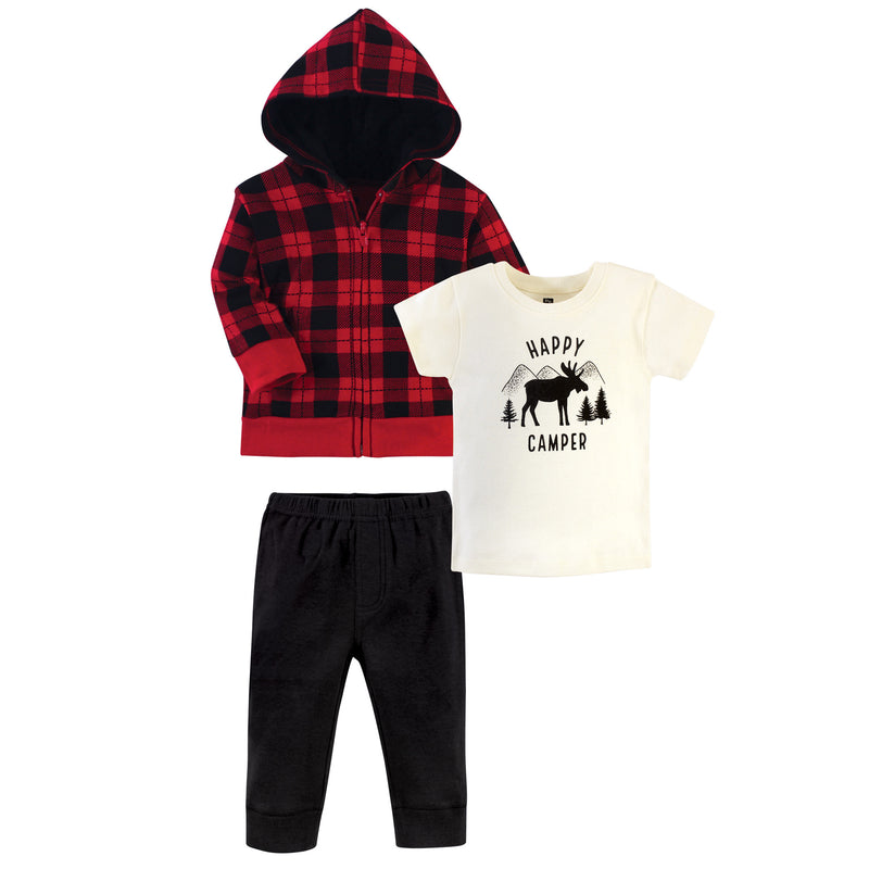 Hudson Baby Cotton Hoodie, Bodysuit or Tee Top and Pant Set, Plaid Moose Toddler