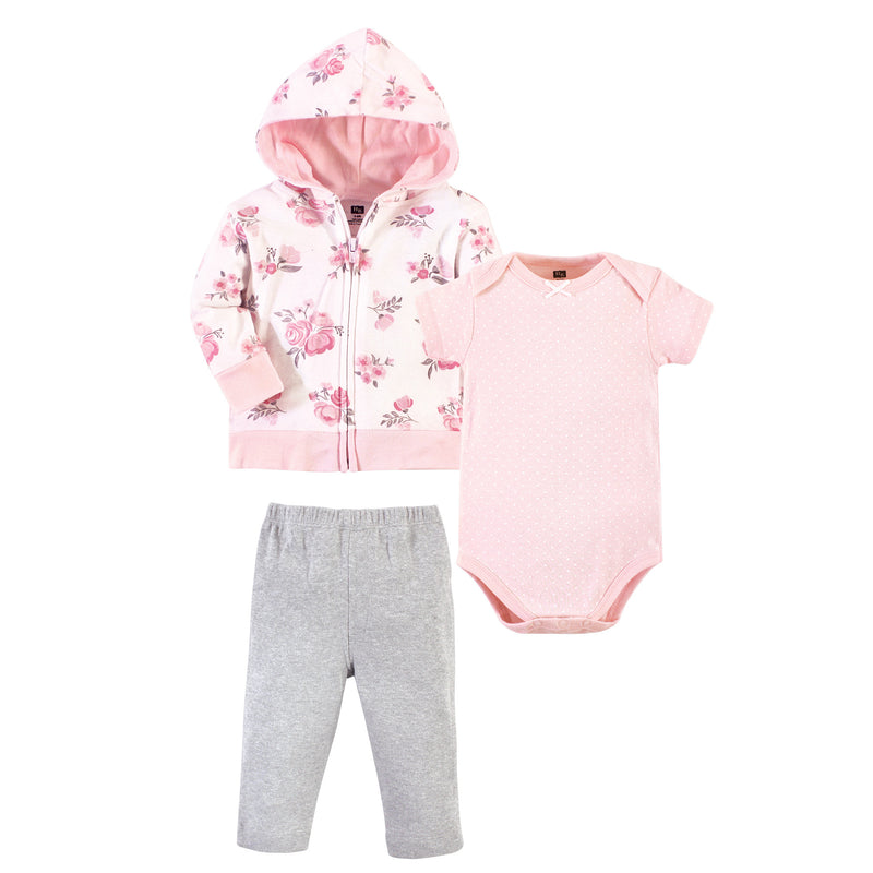Hudson Baby Cotton Hoodie, Bodysuit or Tee Top and Pant Set, Pink Floral Baby