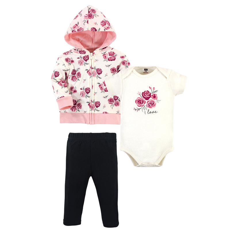 Hudson Baby Cotton Hoodie, Bodysuit or Tee Top and Pant Set, Rose Baby