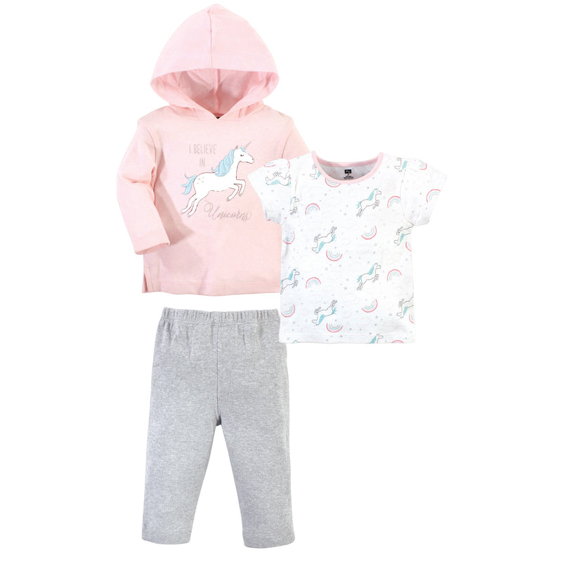Hudson Baby Cotton Hoodie, Bodysuit or Tee Top and Pant Set, Glitter Unicorn Toddler
