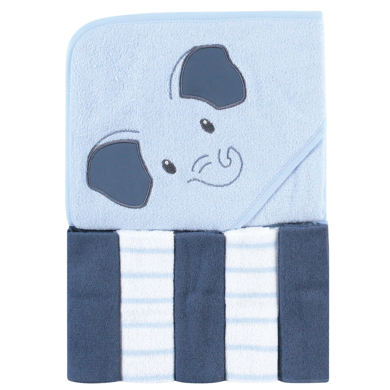 Hudson Baby Hooded Towel and Five Washcloths, Blue Elephant