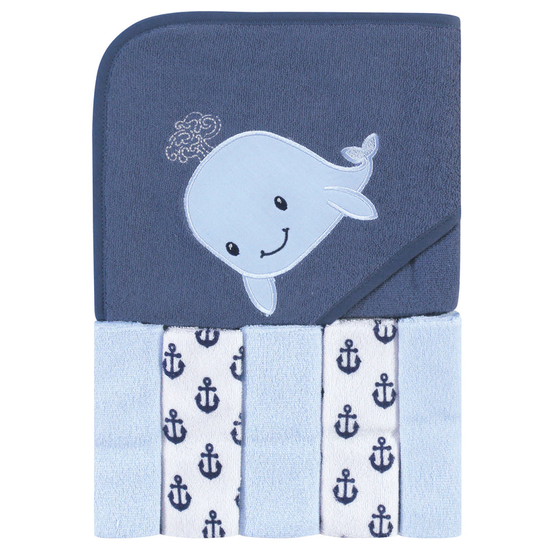 Hudson Baby Hooded Towel and Five Washcloths, Sailor Whale