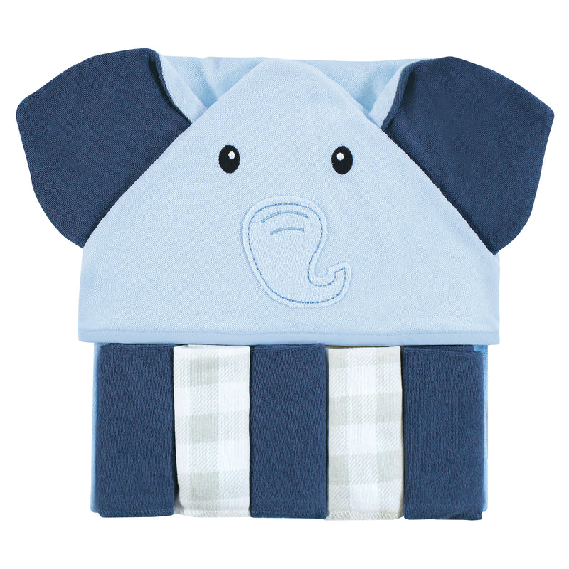 Hudson Baby Hooded Towel and Five Washcloths, Navy Blue Elephant