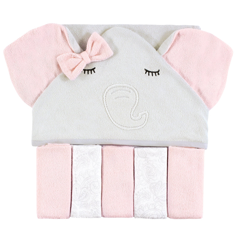 Hudson Baby Hooded Towel and Five Washcloths, Gray Pink Elephant
