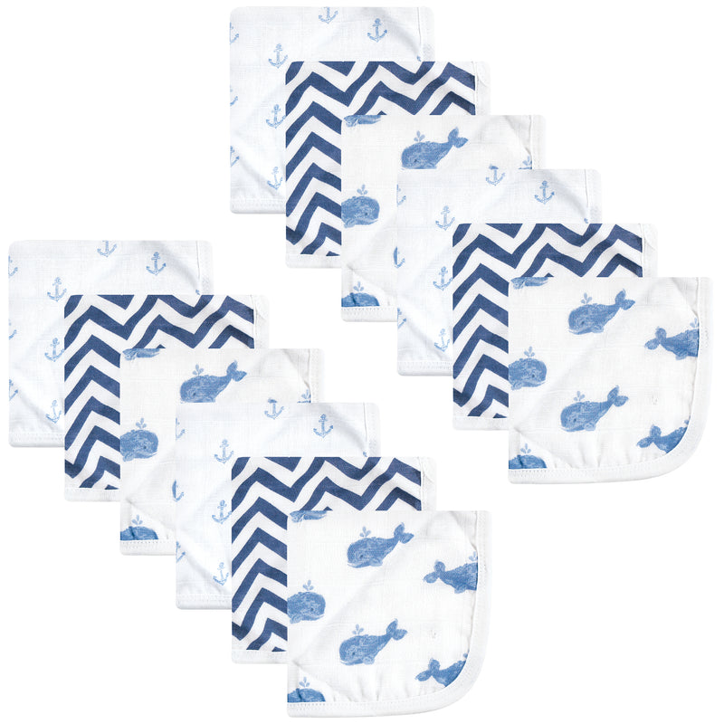 Hudson Baby Cotton Muslin Washcloths, Blue Whales