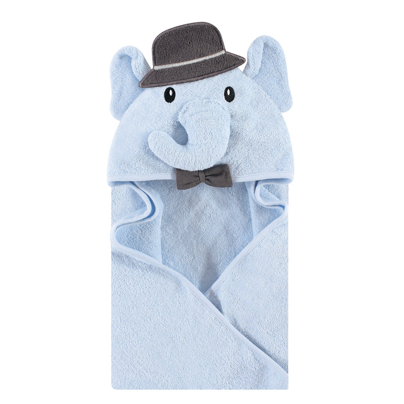 Hudson Baby Cotton Animal Face Hooded Towel, Blue Charcoal Elephant, One Size