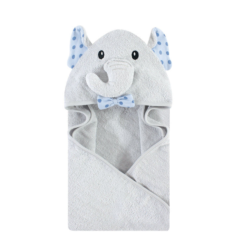 Hudson Baby Cotton Animal Face Hooded Towel, Blue Dots Gray Elephant, One Size