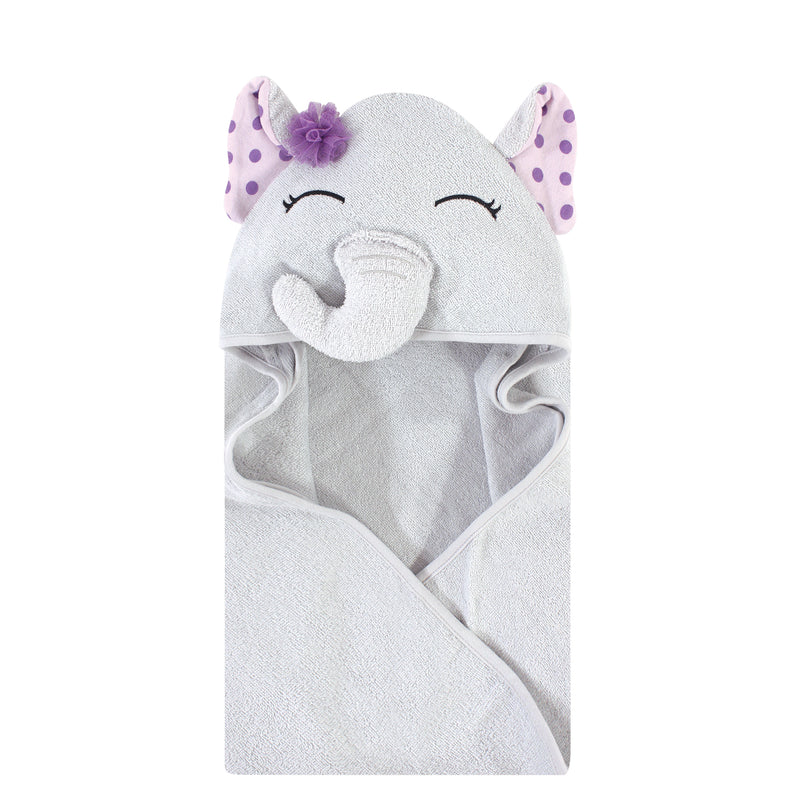 Hudson Baby Cotton Animal Face Hooded Towel, Purple Dots Pretty Elephant, One Size