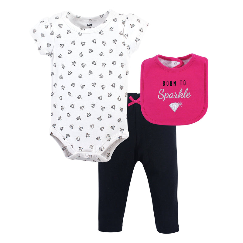 Hudson Baby Cotton Bodysuit, Pant and Bib Set, Sparkle