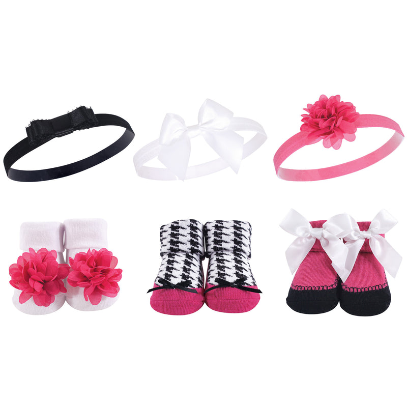 Hudson Baby Headband and Socks Giftset, Dark Pink Black