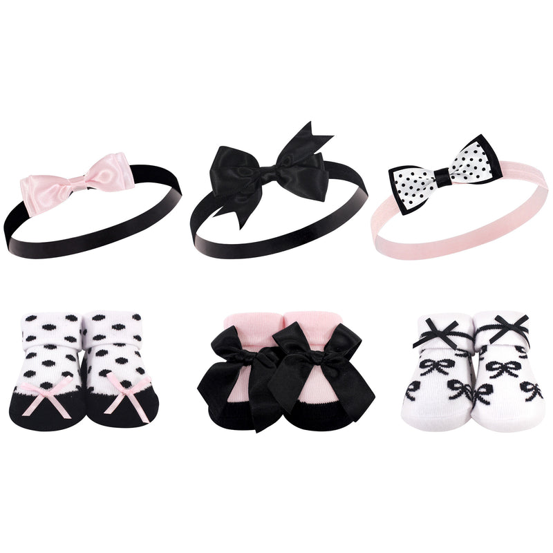 Hudson Baby Headband and Socks Giftset, Black Pink Bows