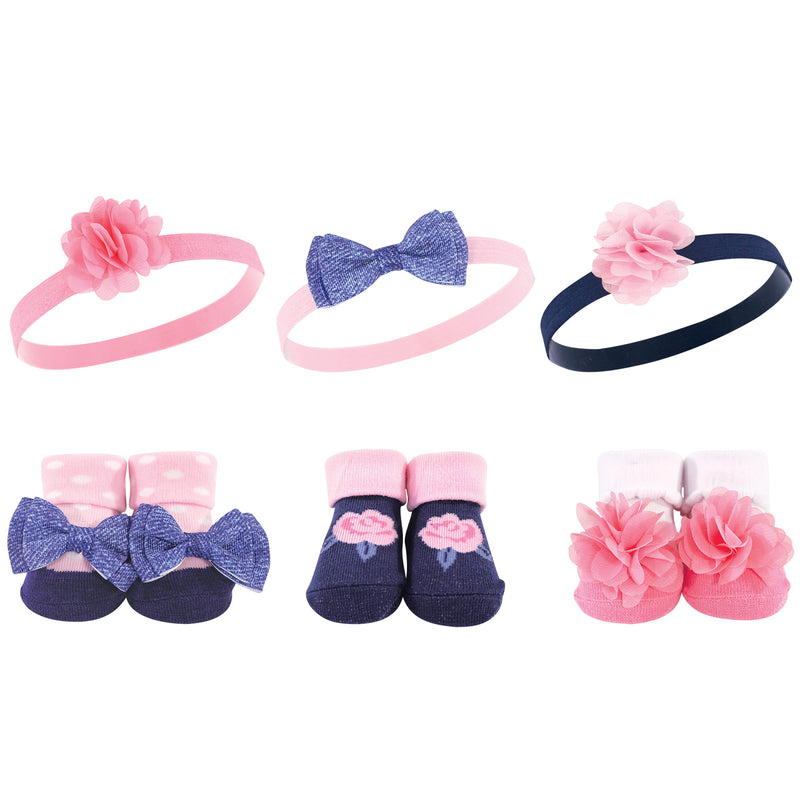 Hudson Baby Headband and Socks Giftset, Pink Navy Flower