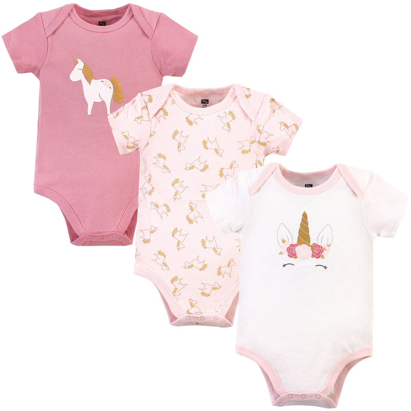 Hudson Baby Cotton Bodysuits, Gold Pink Unicorn 3-Pack