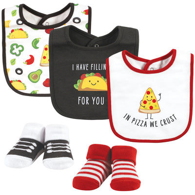 Hudson Baby Cotton Bib and Sock Set, Boy Pizza Taco