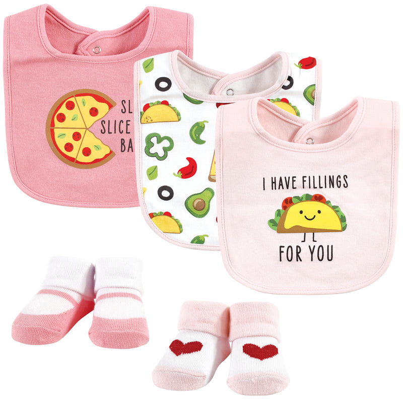 Hudson Baby Cotton Bib and Sock Set, Girl Pizza Taco