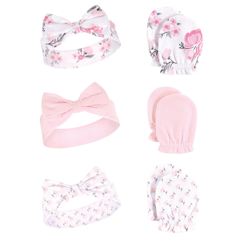 Hudson Baby Cotton Headband and Scratch Mitten Set, Pink Floral