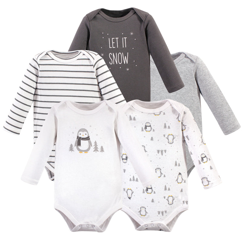 Hudson Baby Cotton Long-Sleeve Bodysuits, Gray Penguin