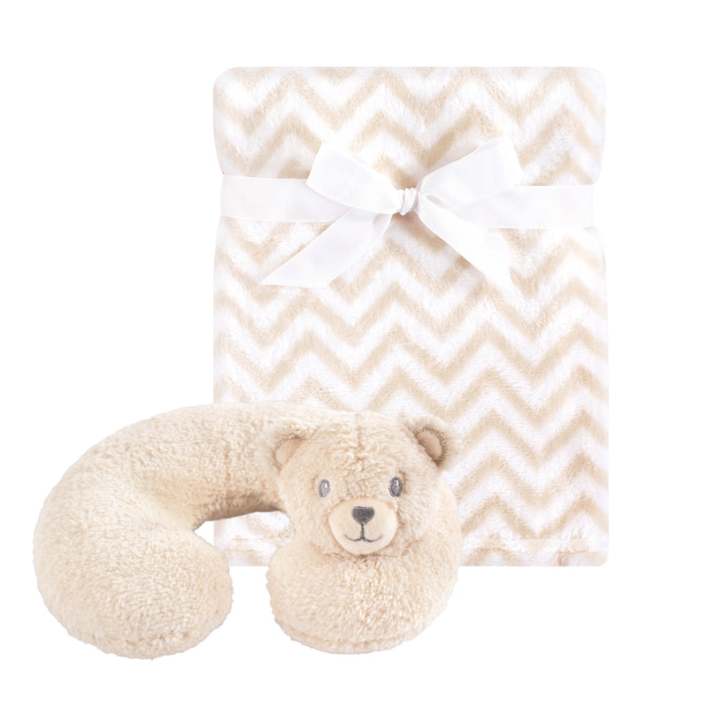 Hudson Baby Neck Pillow and Plush Blanket Set, Tan Bear