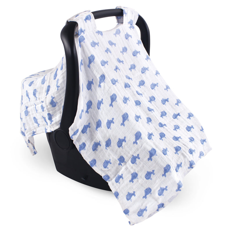 Hudson Baby Muslin Cotton Car Seat and Stroller Canopy, Blue Whale