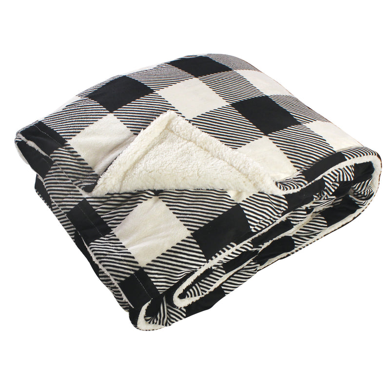 Hudson Home Collection Mink Blanket with Sherpa Back, Black Cream Plaid Sherpa