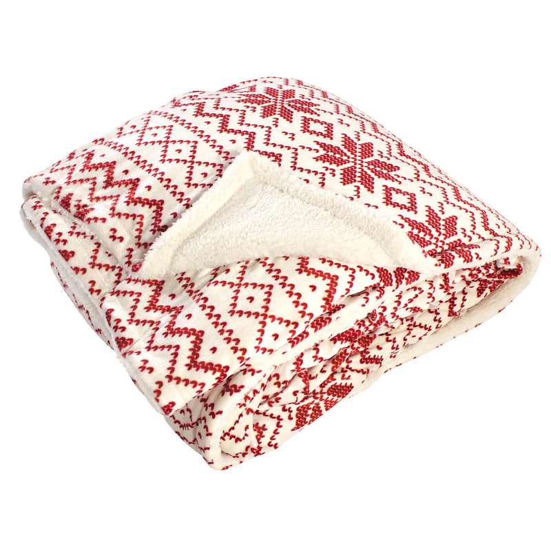 Hudson Home Collection Mink Blanket with Sherpa Back, Red Fair Isle Sherpa