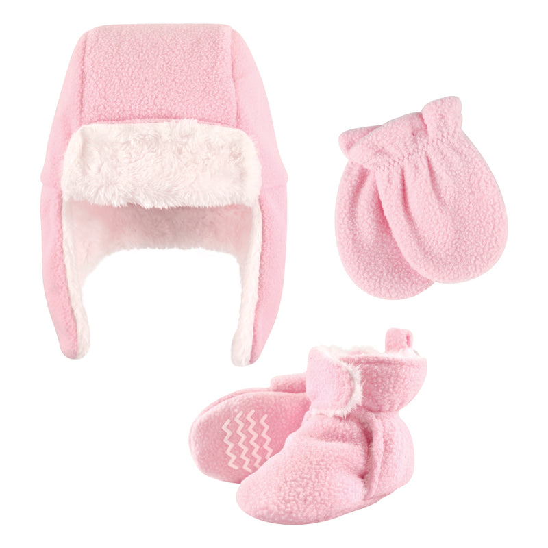 Hudson Baby Trapper Hat, Mitten and Bootie Set, Light Pink