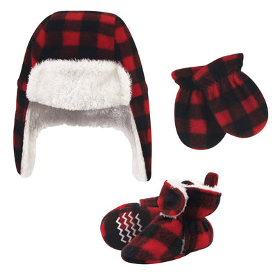 Hudson Baby Trapper Hat, Mitten and Bootie Set, Black Red Plaid