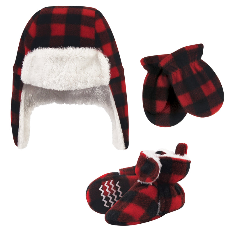 Hudson Baby Trapper Hat, Mitten and Bootie Set, Black Red Plaid