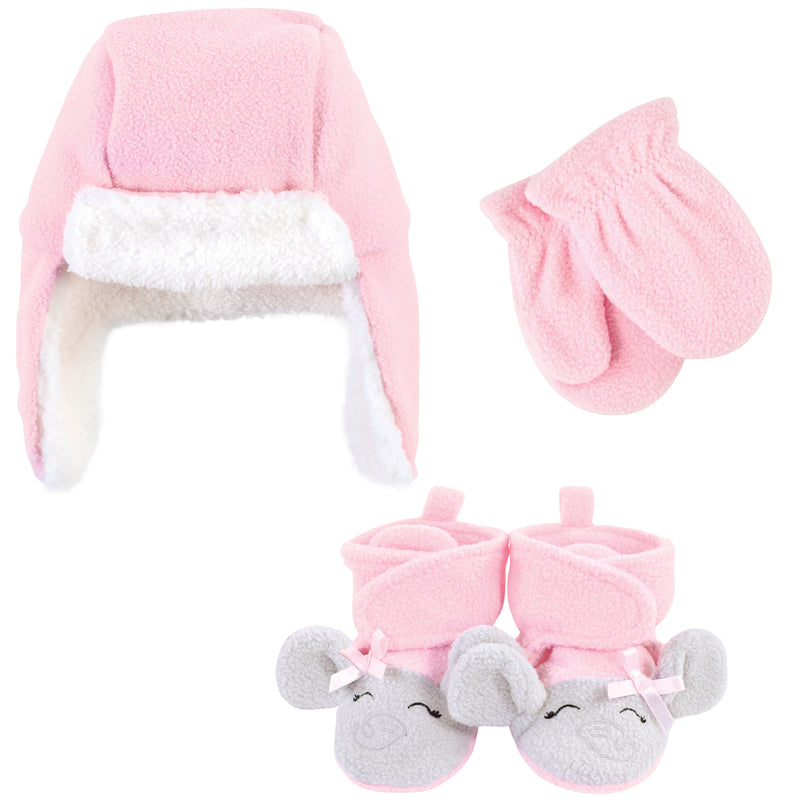 Hudson Baby Unisex Baby Trapper Hat, Mitten and Bootie Set, Pink Gray Elephant