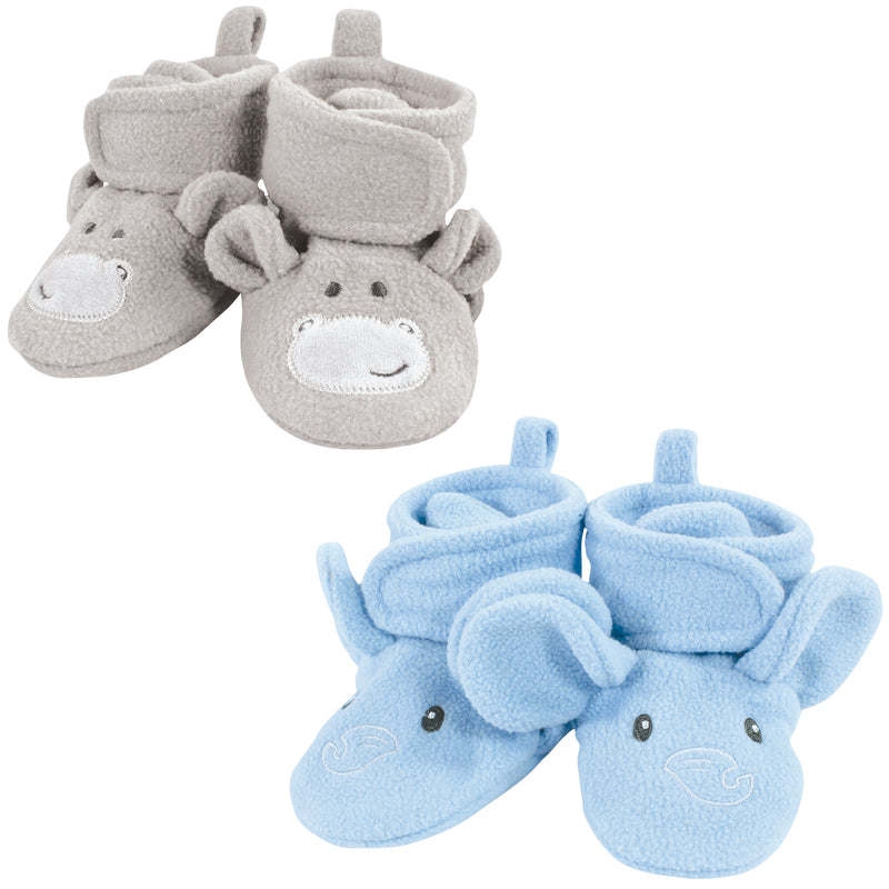 Hudson Baby Animal Fleece Booties 2-Pack, Blue Elephant Hippo