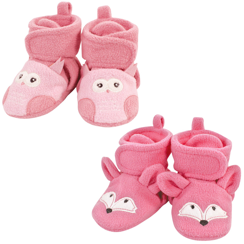 Hudson Baby Animal Fleece Booties 2-Pack, Pink Owl Fox