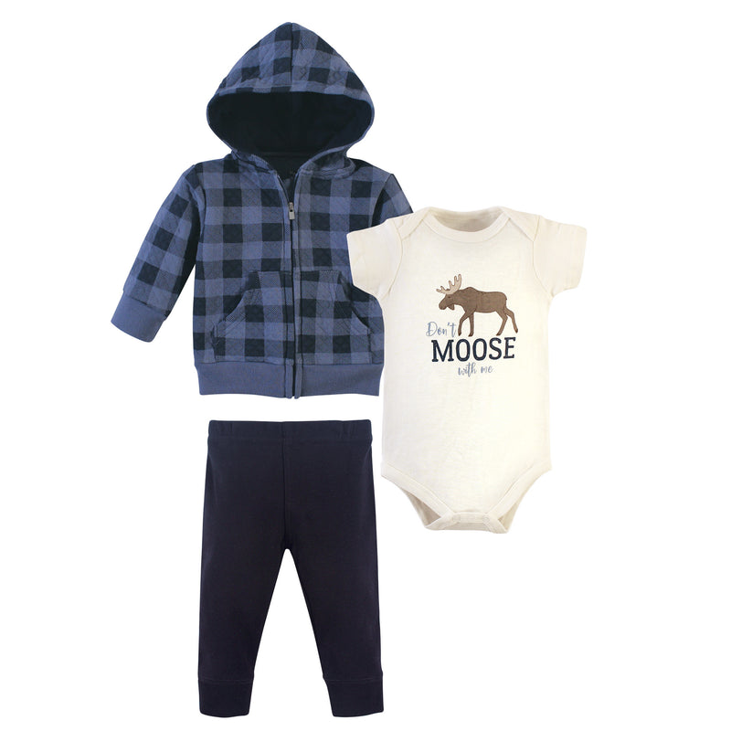 Hudson Baby Premium Quilted Hoodie, Bodysuit and Pant, Navy Moose