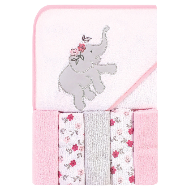Hudson Baby Hooded Towel and Five Washcloths, Floral Elephant