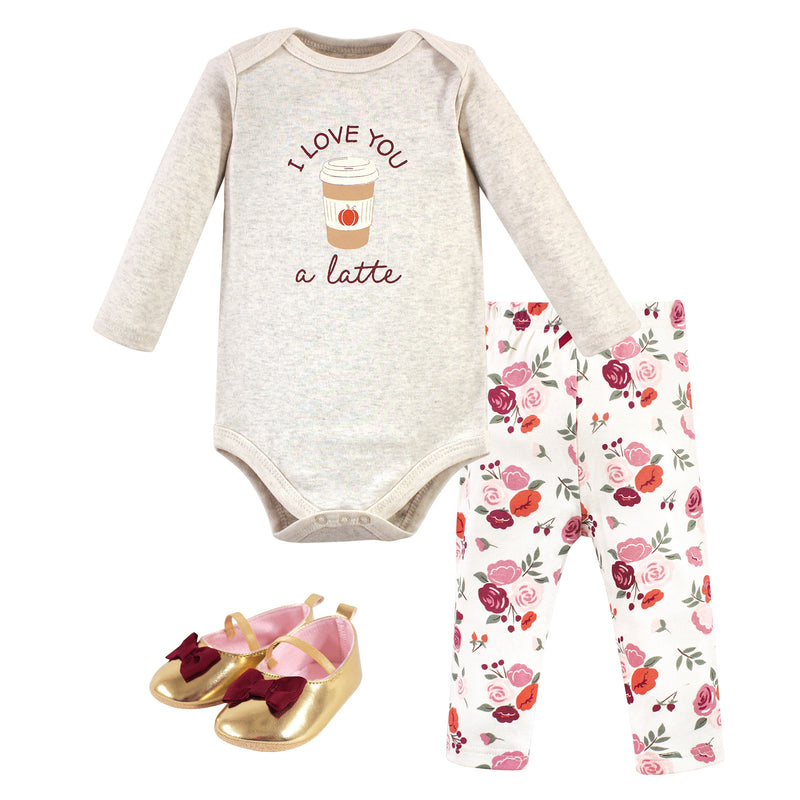Hudson Baby Cotton Bodysuit, Pant and Shoe Set, Fall Latte
