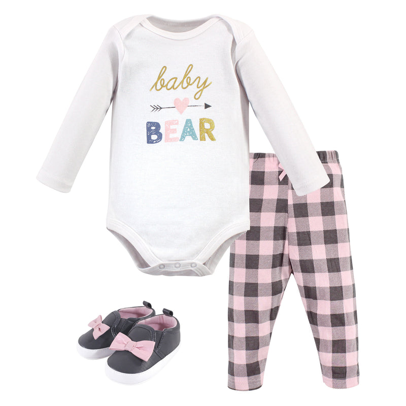 Hudson Baby Cotton Bodysuit, Pant and Shoe Set, Girl Baby Bear