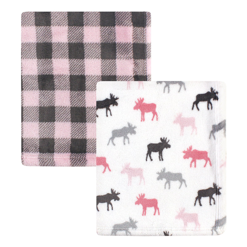 Hudson Baby Cozy Plush Luxury Blankets 2pk, Pink Moose, One Size