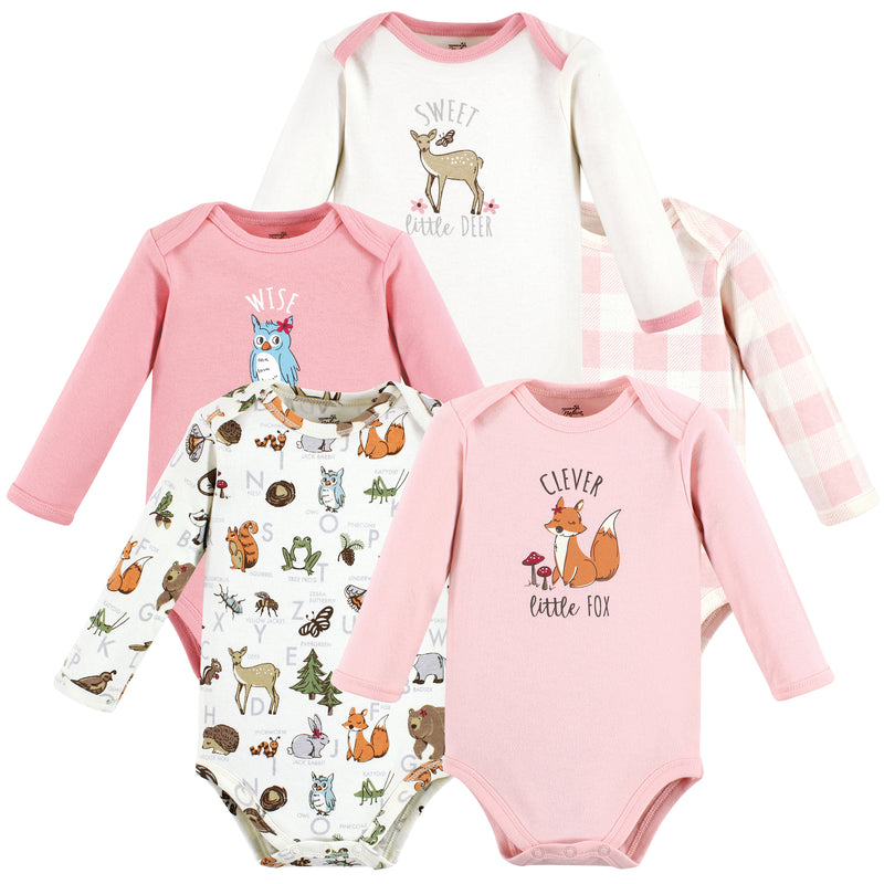 Touched by Nature Organic Cotton Long-Sleeve Bodysuits, Girl Woodland Alphabet 5-Pack